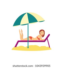Vector flat travelling, beach vacation symbol girl character sunbathing lying at beach lounger icon. Summer holiday poster, banner design element. Isolated illustration, white background