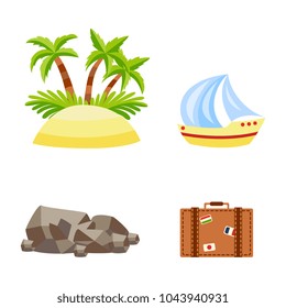 Vector flat travelling, beach vacation symbols icon set. Summer holiday sand island with palm tree plant with coconut, sailing yacht, stone, vintage travel bag. Isolated illustration, white background