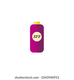 Vector flat travelling, beach vacation symbol beach suntan uv cream in purple bottle icon. Summer holiday poster, banner design element. Isolated illustration, white background