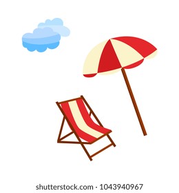 Vector flat travelling, beach vacation symbols icon set. Summer holiday rest elements - lounger, sunshade sun umbrella and blue cloud icon. Isolated illustration, white background