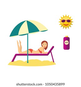 Vector flat travelling, beach vacation symbol girl character sunbathing lying at beach lounger, suntan cream sun in sunglasses icon. Summer holiday poster, banner design element. Isolated illustration
