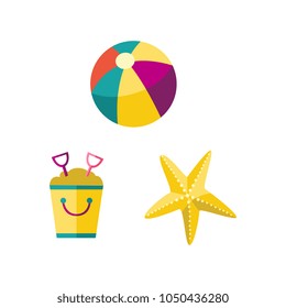Vector flat travelling, beach vacation symbol set. beach striped inflatable pool ball, starfish, shovel in sandbox bucket scoop icon. Summer holiday poster banner design. Isolated illustration