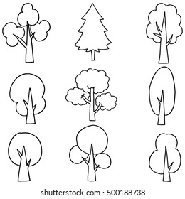 Vector flat tree set on doodles illustration