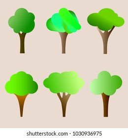 Vector flat trees with a green crown. Simple isolated tree icons on a beige background.