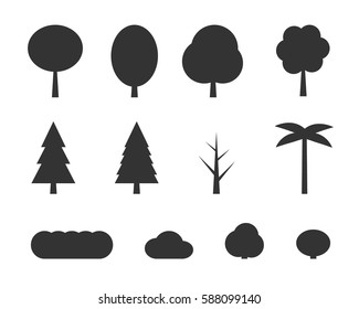 Vector flat trees on white background. Various trees, fir, bushes and palm silhouette. Simple tree icon for infographic