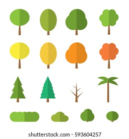 Vector Flat Trees On White Background. Various Trees With Green, Orange And Yellow Leaves. Green, Blue Fir, Bushes And Palm. Simple Tree Icon Isolated.