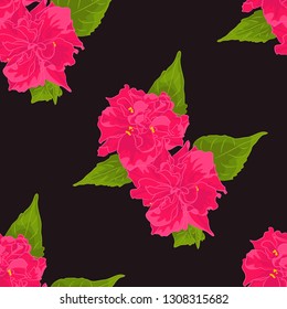 Vector flat trendy dark pattern with pink flower and green leafs. Seamless of tropical exotic plant on black background. Elegant cartoon template for fashion fabric print. Botanical decorative texture