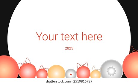 Vector flat trendy design postcard and banner with balls and toys. Gifts. Red background. Monochrome. Christmas tree balls. New year 2025. Сosmetics.