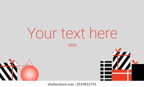Vector flat trendy design postcard and banner with balls and toys. Gifts. Red background. Monochrome. Christmas tree balls. New year 2025. Сosmetics.