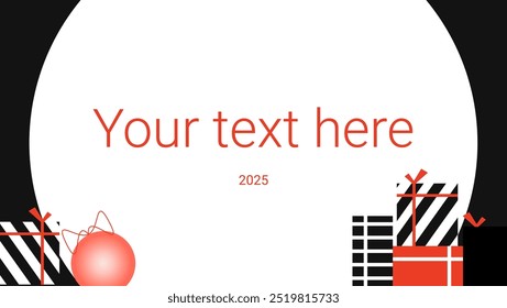 Vector flat trendy design postcard and banner with balls and toys. Gifts. Red background. Monochrome. Christmas tree balls. New year 2025. Сosmetics.