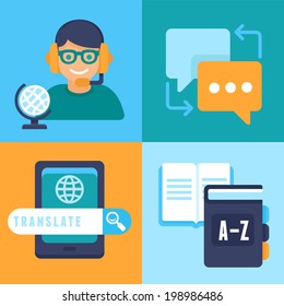 VEctor flat trendy icons - translation and foreign languages - studying and interpretation