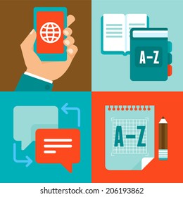 Vector flat trendy icons - translation and foreign languages - studying and interpretation