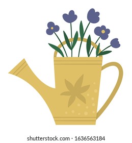 Vector flat trendy yellow watering can with purple flowers. Garden equipment isolated on white background. Beautiful spring or summer home gardening illustration