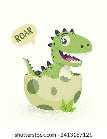 Vector Flat T-Rex Hatched From an Egg. Cartoon Smiling Happy Cute Funny Tyrannosaurus Rex Sitting in Egg. Vector Illustration