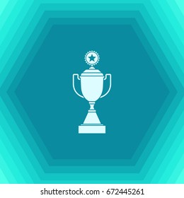 Vector flat trophy goblet icon on hexagonal background . Winner award 