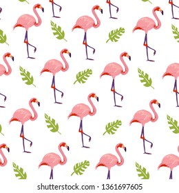 Vector flat tropical seamless pattern with hand drawn jungle monstera plants flamingo birds isolated on white background. Good for packaging paper, cards, wallpapers, gift tags, nursery decor etc.