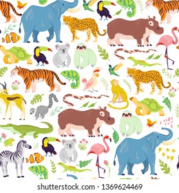 Vector flat tropical seamless pattern with hand drawn jungle floral elements, animals, birds isolated. Elephant, tiger, zebra. For packaging paper, cards, wallpapers, gift tags, nursery decor etc.