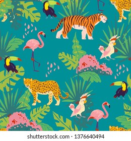 Vector flat tropical seamless pattern with hand drawn jungle plants and elements, animals, birds isolated. Toucan, flamingo, tiger. For packaging paper, cards, wallpapers, gift tags, nursery decor etc