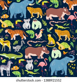 Vector flat tropical seamless pattern with hand drawn jungle floral elements, animals, birds isolated. Elephant, tiger, zebra. For packaging paper, cards, wallpapers, gift tags, nursery decor etc.