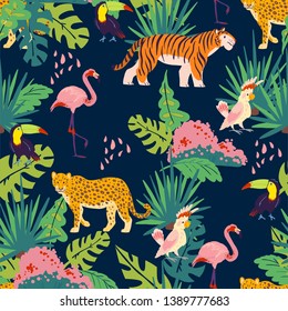 Vector flat tropical seamless pattern with hand drawn jungle plants and elements, animals, birds isolated. Toucan, flamingo, tiger. For packaging paper, cards, wallpapers, gift tags, nursery decor etc