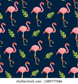 Vector flat tropical seamless pattern with hand drawn jungle monstera plants flamingo birds isolated on blue background. Good for packaging paper, cards, wallpapers, gift tags, nursery decor etc.