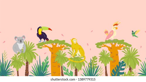 Vector flat tropical seamless pattern with hand drawn jungle trees and elements, koala, monkey animals, parrot, toucan birds isolated. For packaging paper, cards, wallpapers, gift tags, nursery decor.