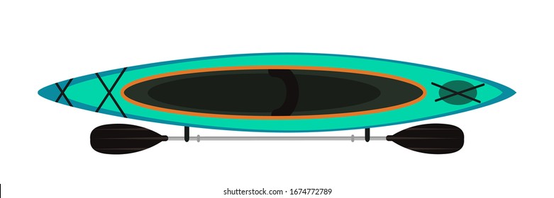 Vector flat turquoise canoe and paddle in top view isolated on white background. Equipment for kayaking, paddling and canoeing. Tourism and fishing, active lifestyle, extreme sport or hobby concept