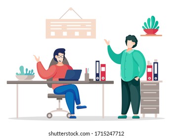 Vector flat of two communicating colleagues in the office sitting at the table with laptop and standing. Business people discuss a new project or startup working together. Teamwork in the office.