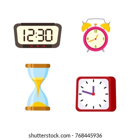 vector flat types of clocks set. Digital rectangle and analog square, circle table alarm clock, vintage hourglass or sandglass icon. Isolated illustration on a white background