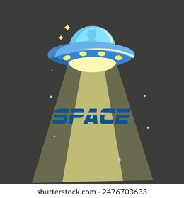 Vector flat UFO. Flying saucer that glows.Unidentified flying object in space. Scientific illustration. Hand lettering Space and Aliens