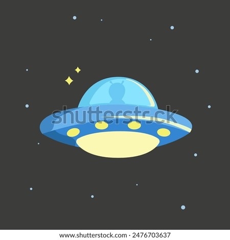 Vector flat UFO. Flying saucer that glows.Unidentified flying object in space. Scientific illustration. Hand lettering Space and Aliens