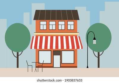 depuración plana vectorial. Café callejero al aire libre con árboles y fondo urbano. 