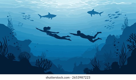 Ilustração plana subaquática vetorial com gradiente azul em camadas, silhuetas de recifes de corais escuros, figuras femininas e masculinas nadando, tubarões e cardumes de peixes para a cena serena da profundidade do oceano
