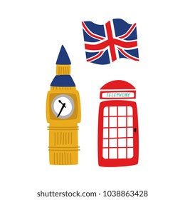 vector flat United kingdom, great britain symbols set. British flag union jack, phone booth Big Ban Tower of London icon. Isolated illustration on a white background