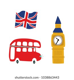 vector flat United kingdom, great britain symbols set. British flag union jack, double decker bus and Big Ban Tower of London icon. Isolated illustration on a white background