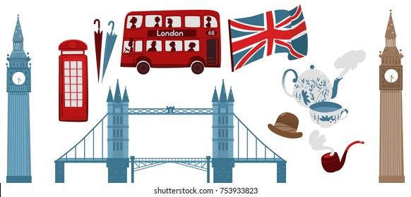 vector flat United kingdom, great britain symbols set. Union Jack flag, british phone booth, Tower Bridge and Big Ban Tower of London, gentleman hat, umbrella, smoking pipe and teapot with cup icon.