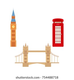vector flat United kingdom, great britain symbols set. British phone red booth cabin, Tower Bridge and Big Ban Tower of London icon. Isolated illustration on a white background