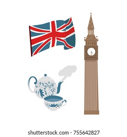 vector flat United kingdom, great britain symbols set. British flag union jack, ceramic tea pot with elegant cup and Big Ban Tower of London icon. Isolated illustration on a white background