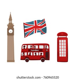 vector flat United kingdom, great britain symbols set. British flag union jack, phone booth, double decker bus and Big Ban Tower of London icon. Isolated illustration on a white background