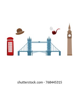 vector flat United kingdom, great britain symbols set. British phone booth, Tower Bridge and Big Ban Tower of London, gentleman hat and smoking pipe icon. Isolated illustration on a white background