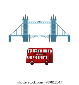 vector flat United kingdom, great britain symbols set. British double decker red bus vehicle, Tower Bridge of London icon. Isolated illustration on a white background