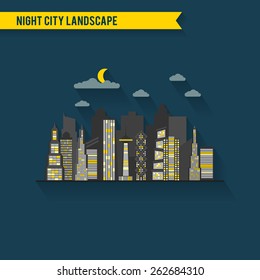 Vector flat urban city night landscape. Town skyline illustration. Skyscraper collection. Architecture backdrop. Office banner.
