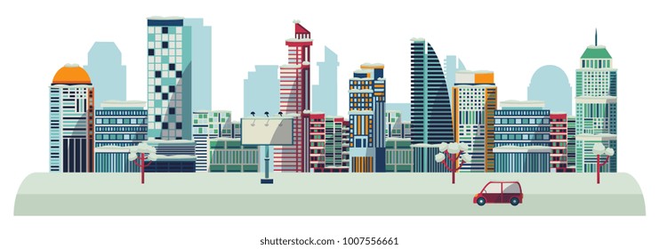 Vector flat urban horizontal landscape background design template. Illustration building skyscaper business office apartment, construction architecture, residental cottage ,car streetlight billboard