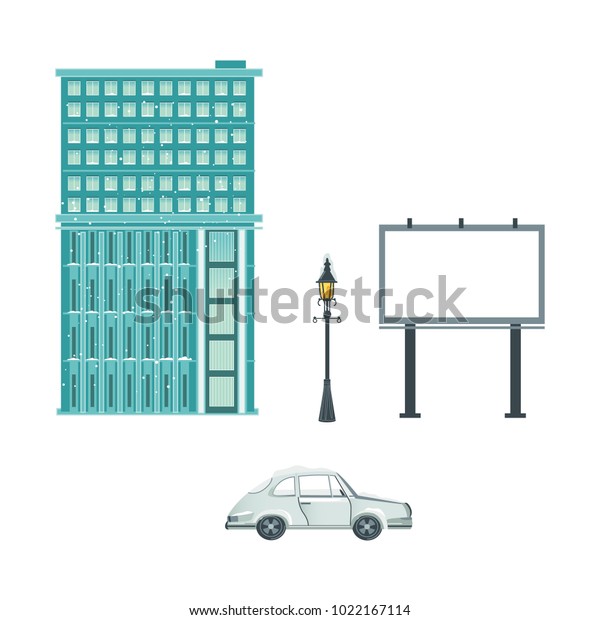 Vector flat urban landscape background
design element set. Streetlight, lamppost or lantern, car vehicle,
blank billboard, office business scyscraper, residental building
isolated illustration