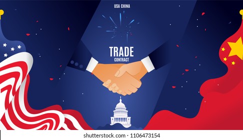 Vector flat USA and China vertical banner agreement on cooperation and supply. White House Washington Capitol. handshake of the leaders of militant countries. Political contracts 