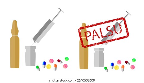 Vector flat Vaccine, capsule, Pill and syringe with palsu or fake in indonesia rubber stamp effect
