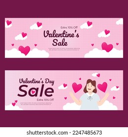 Vector flat valentine's day horizontal sale banner template, with ornaments of love, clouds, expressions of people, in pink.