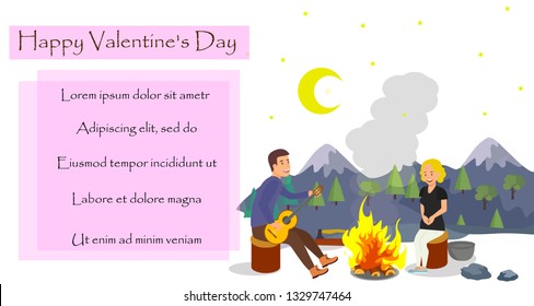 Vector Flat Valentines Day Husband Wife on Trip Mountains and Forest. Sit Near Fire Sing Songs Playing on Guitar. Active Lifestyle Outdoor Recreation Love Strengthens Relationships.