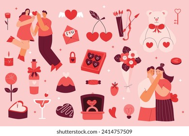 Vector Flat San Valentín con varios elementos románticos y carácter