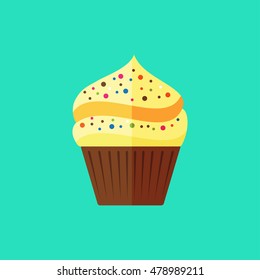 Vector flat vanilla cupcake icon on blue background
